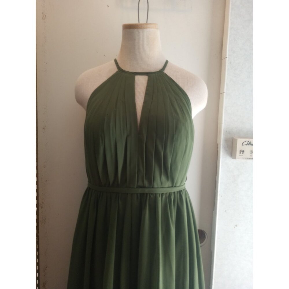 Azazie Dark Green Halter button Up Neck Back Open Waist Size A10